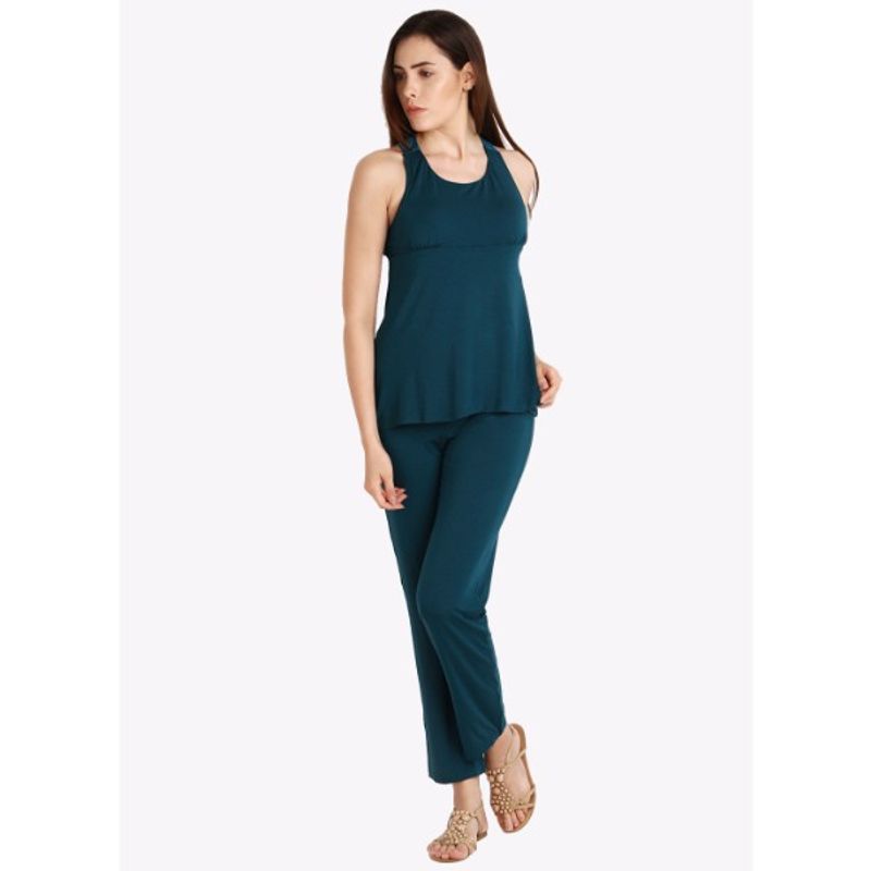 SOIE Women's Racer Back Top And Pajama In Teal Colour - Green (L)