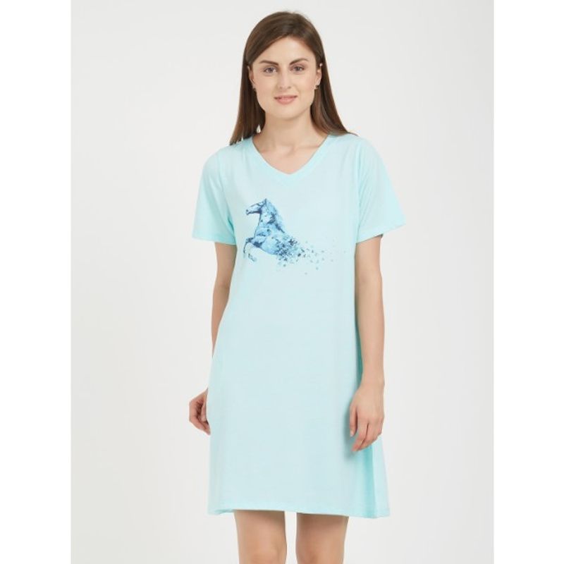 SOIE Womens Horse Printed Knee Length Nightdress In Bright Blue - Blue (L)(L)