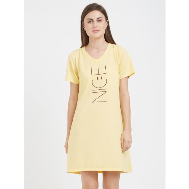 SOIE Womens V-Neck Printed Knee Length Nightdress - Yellow (L)(L)