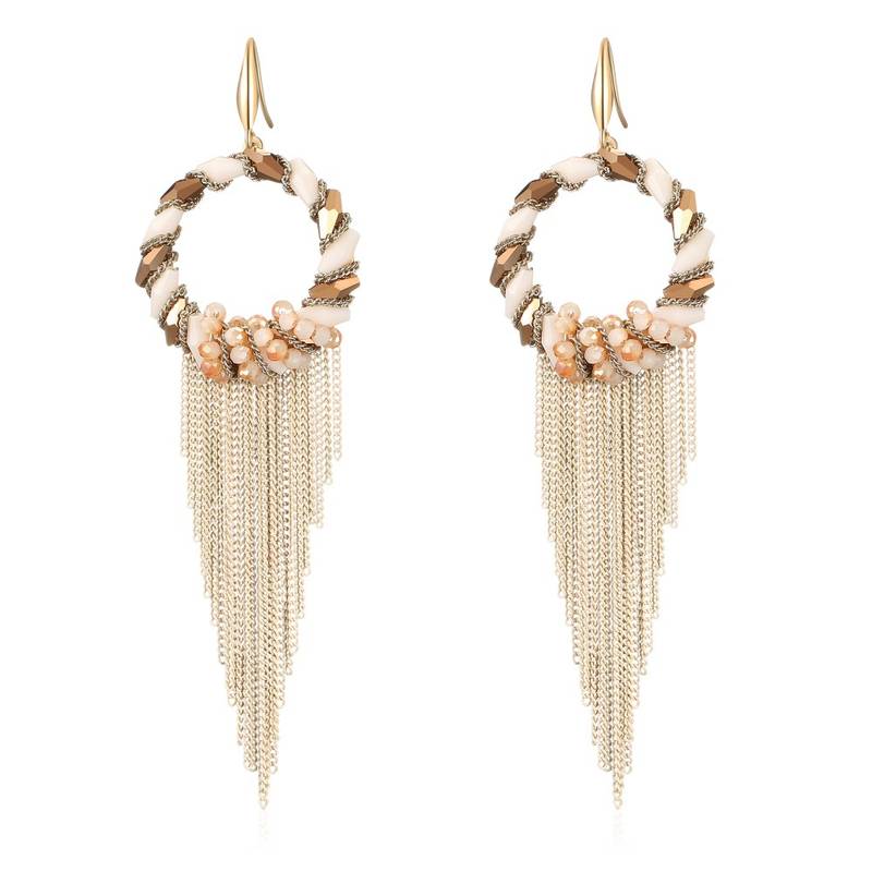 Jewels Galaxy Beige Gold-Plated Circular Stone-Studded Handcrafted Drop Earrings