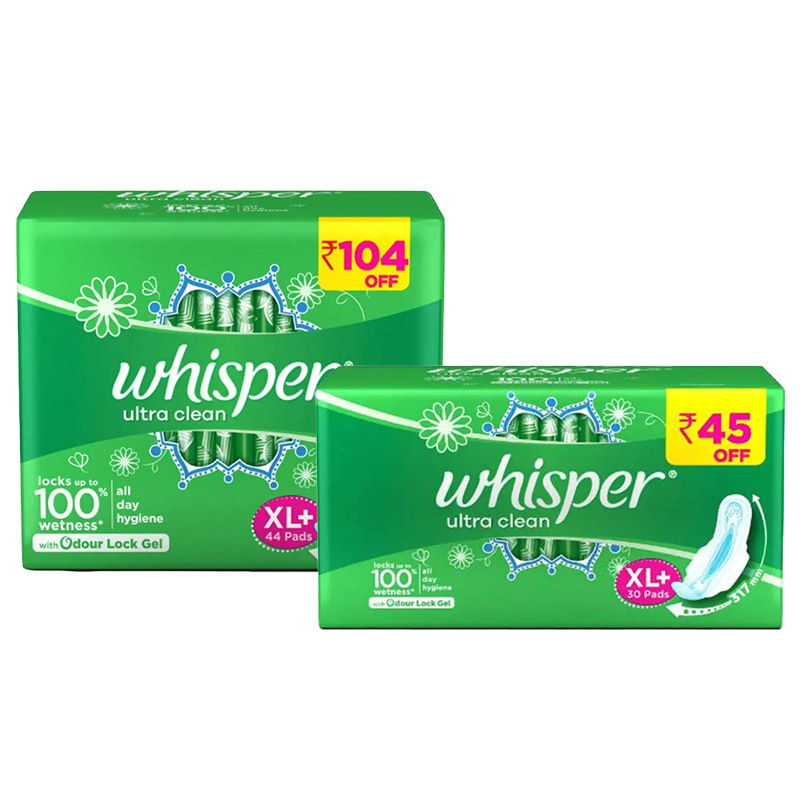 Whisper Ultra Clean Sanitary Pads XL+ (30 Pc Pack) with 44 Pc Pack
