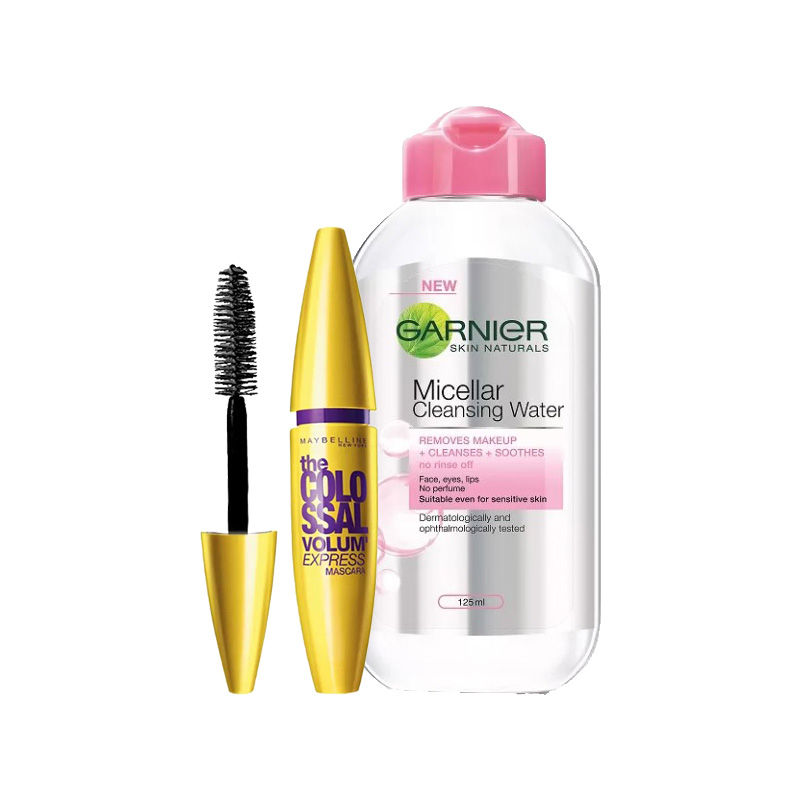 Maybelline New York The Colossal Volum Express Maa Washable - 2 Black + Garnier Skin Naturals Micellar Cleansing Water