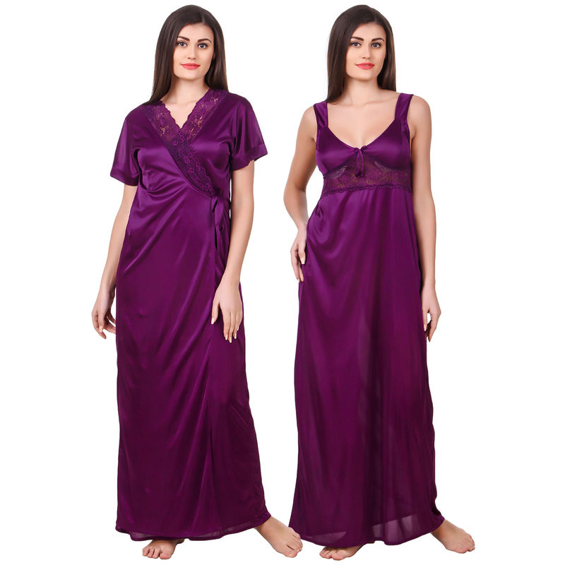 Fasense Women Satin Purple Nightwear 2 Pc Set of Nighty & Wrap (M)