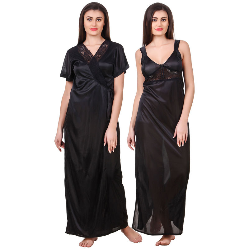 Fasense Women Satin Black Nightwear 2 Pc Set of Nighty & Wrap (XL)