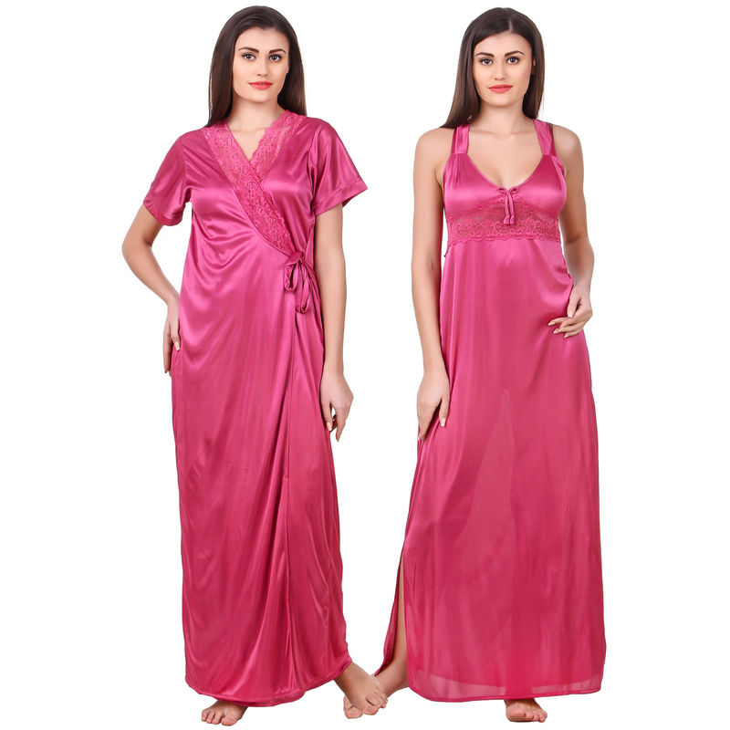 Fasense Women Satin Coral Pink Nightwear 2 Pc Set of Nighty & Wrap (XL)