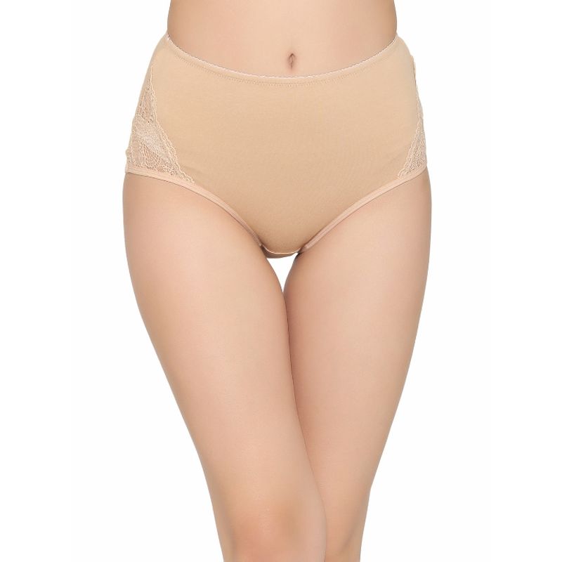Clovia Cotton High Waist Hipster Panty With Lace Panel - Nude (XXL)