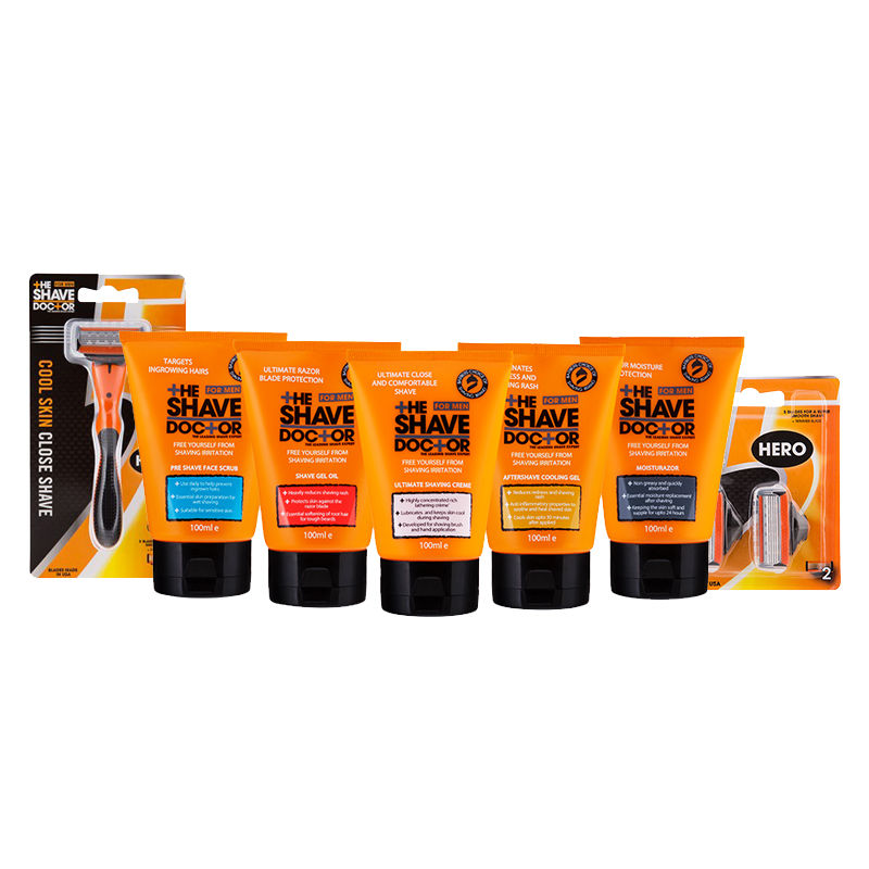 The Shave Doctor Face Wash Scrub + Moisturazor + Aftershave Cooling Gel + Shave Gel Oil + Creme + Hero Razor + Hero Blade - Packs of 2