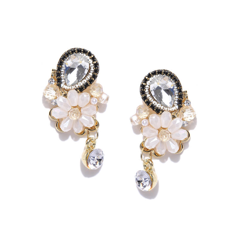Jewels Galaxy White And Black Gold-Plated Handcrafted Floral Drop Earrings