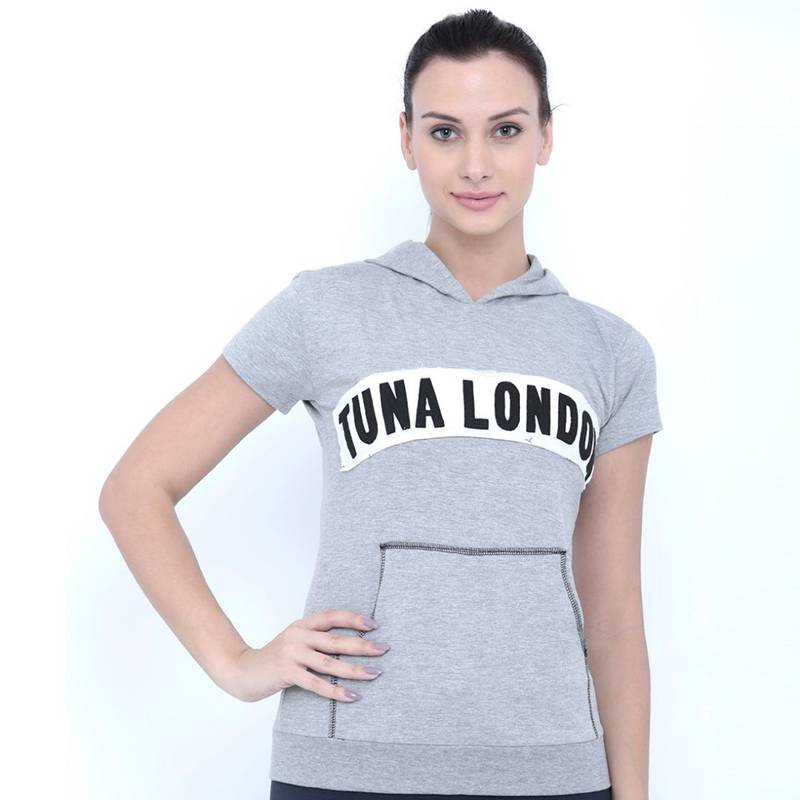 Tuna London Grey Color Hooded Cotton T-Shirt For Women (L)