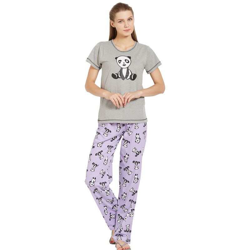 Velure Grey Printed Hosiery Round Neck Top & Pajama Set for Women (S)