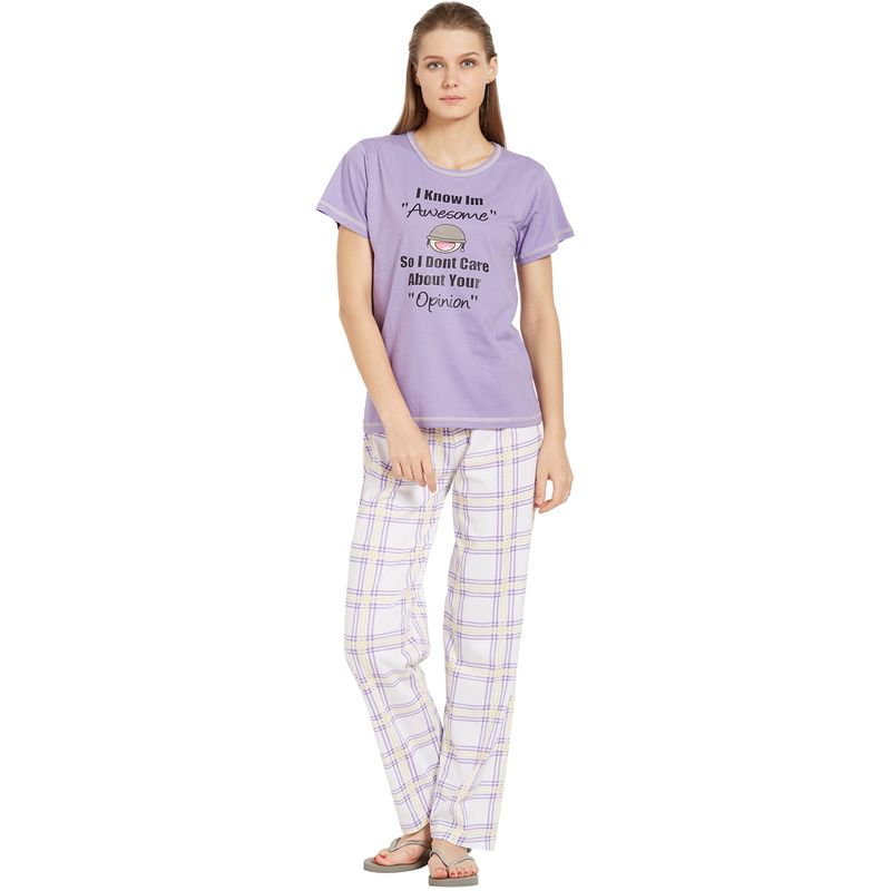 Velure Purple Printed Hosiery Round Neck Top & Pajama Set for Women (S)