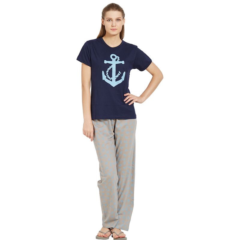 Velure Navy Blue Printed Hosiery Round Neck Top & Pajama Set for Women (S)