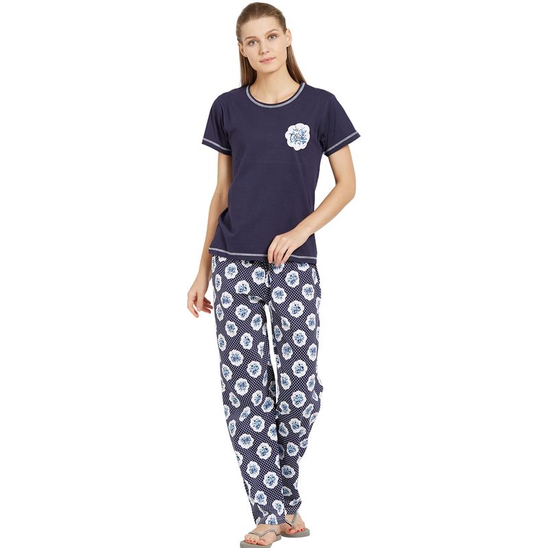 Velure Navy Blue Solid Hosiery Round Neck Top & Pajama Set for Women (S)
