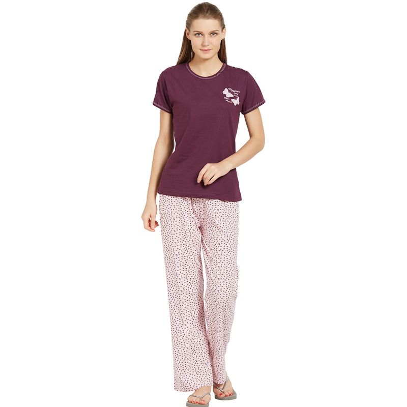 Velure Purple Solid Hosiery Round Neck Top & Pajama Set for Women (S)