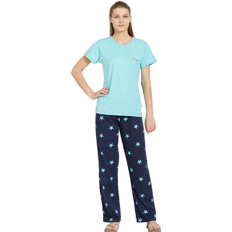 Velure Light Blue Solid Hosiery Round Neck Top & Pajama Set for Women (S)