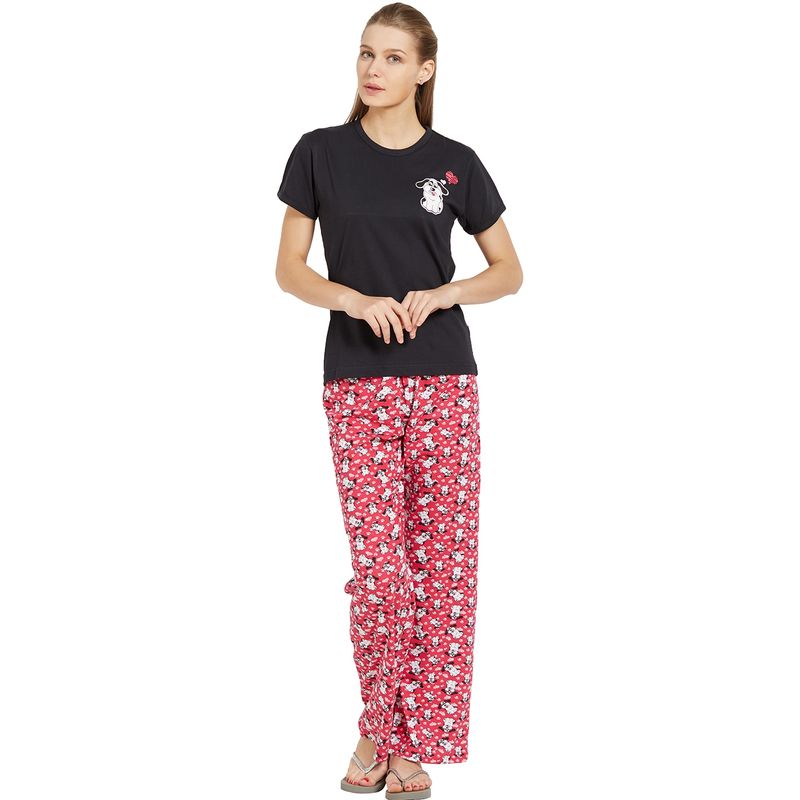 Velure Black Solid Hosiery Round Neck Top & Pajama Set for Women (S)