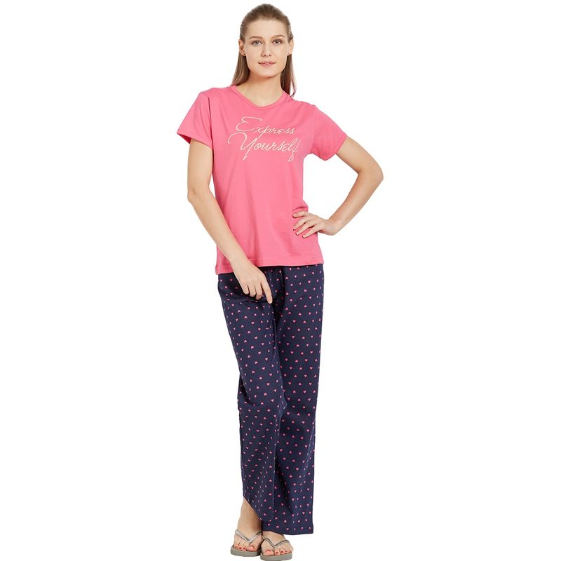 Velure Pink Printed Hosiery Round Neck Top & Pajama Set for Women (S)