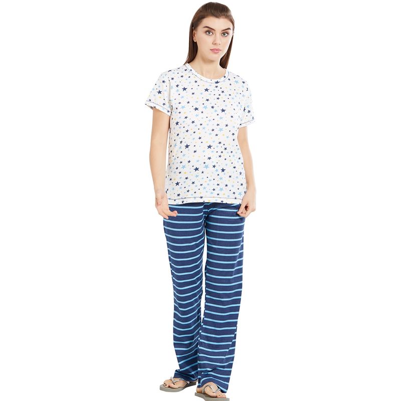 Velure Off White Round Neck Top & Pajama Set for Women (S)