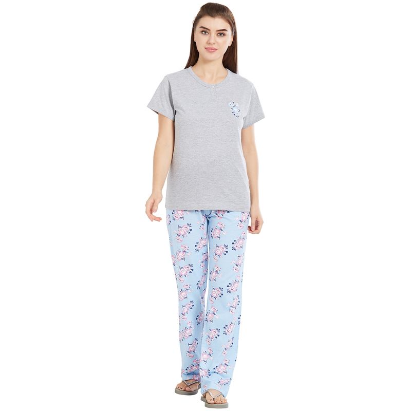 Velure Grey Round Neck Top & Pajama Set for Women (S)