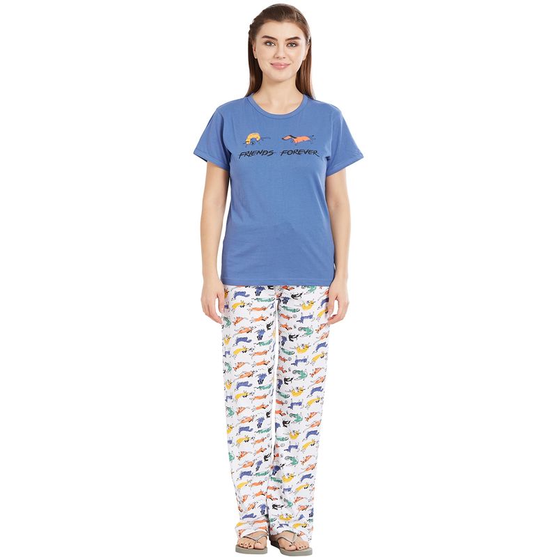Velure Blue Round Neck Top & Pajama Set for Women (L)