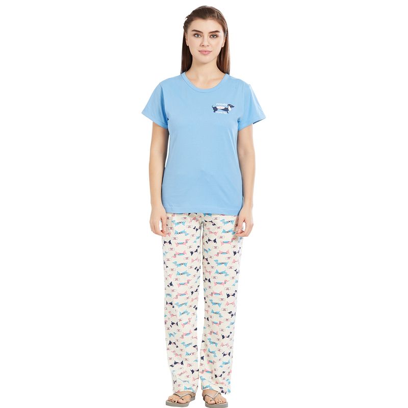 Velure Sky Blue Solid Round Neck Top & Pajama Set for Women (S)