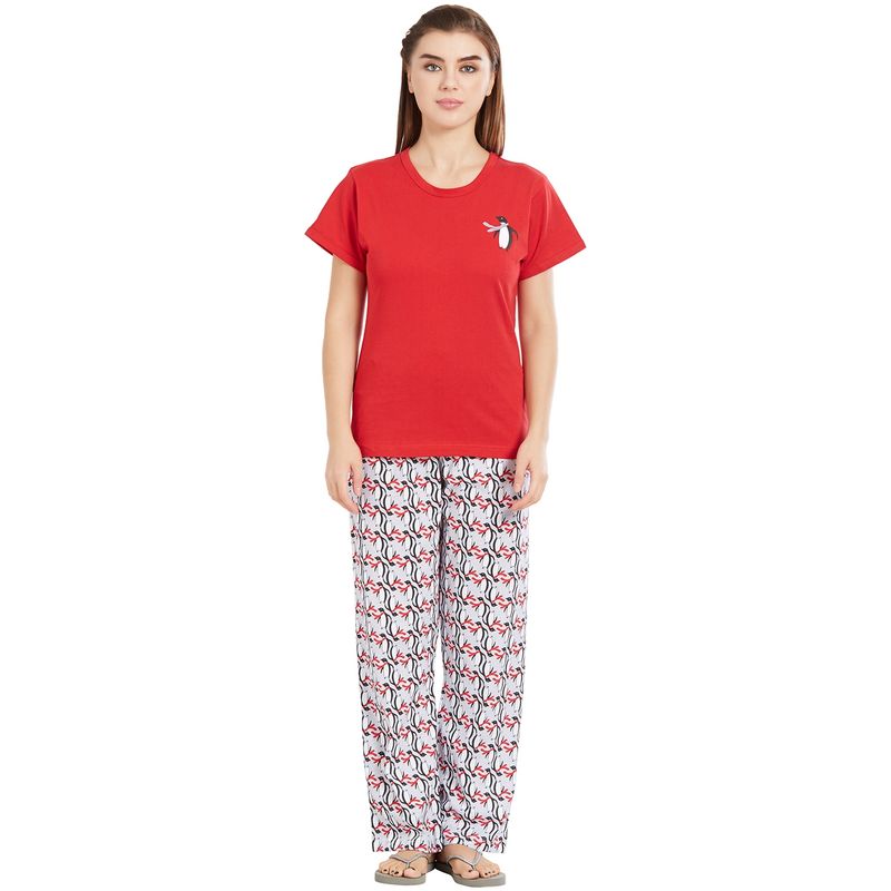Velure Red Round Neck Top & Pajama Set for Women (S)