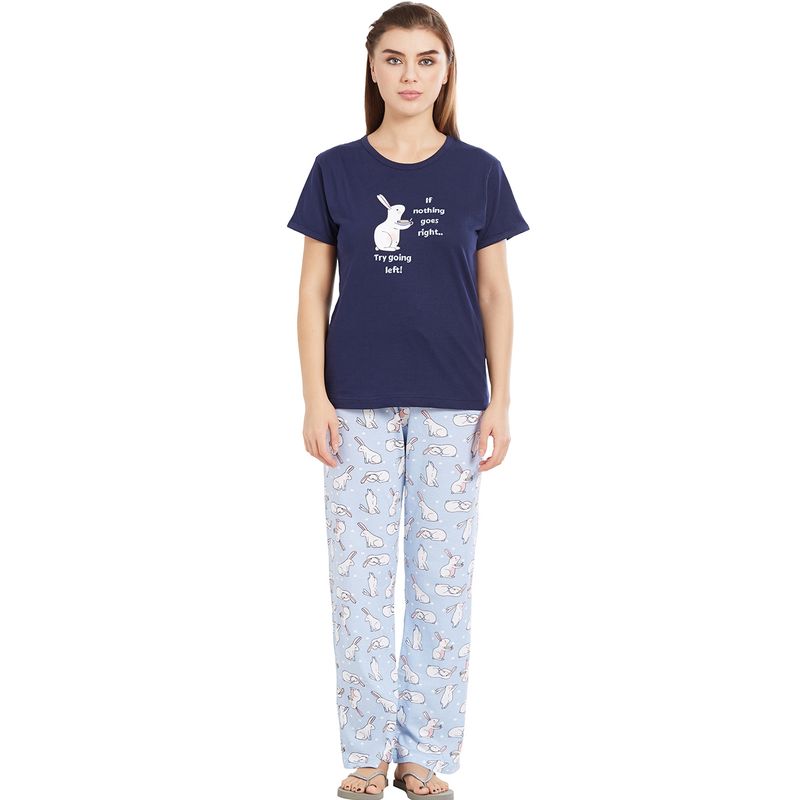Velure Navy Blue Round Neck Top & Pajama Set for Women (S)