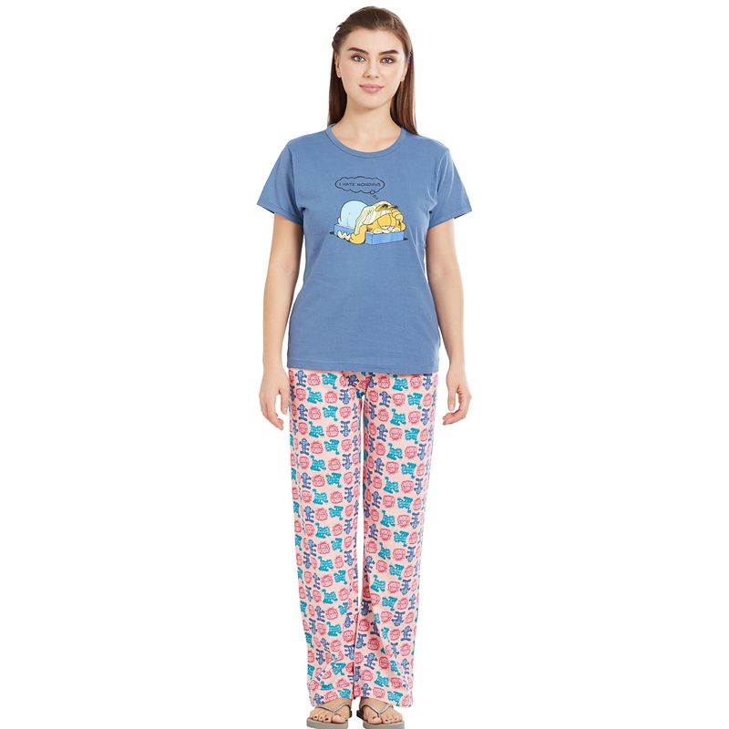 Velure Blue Round Neck Top & Pajama Set for Women (S)