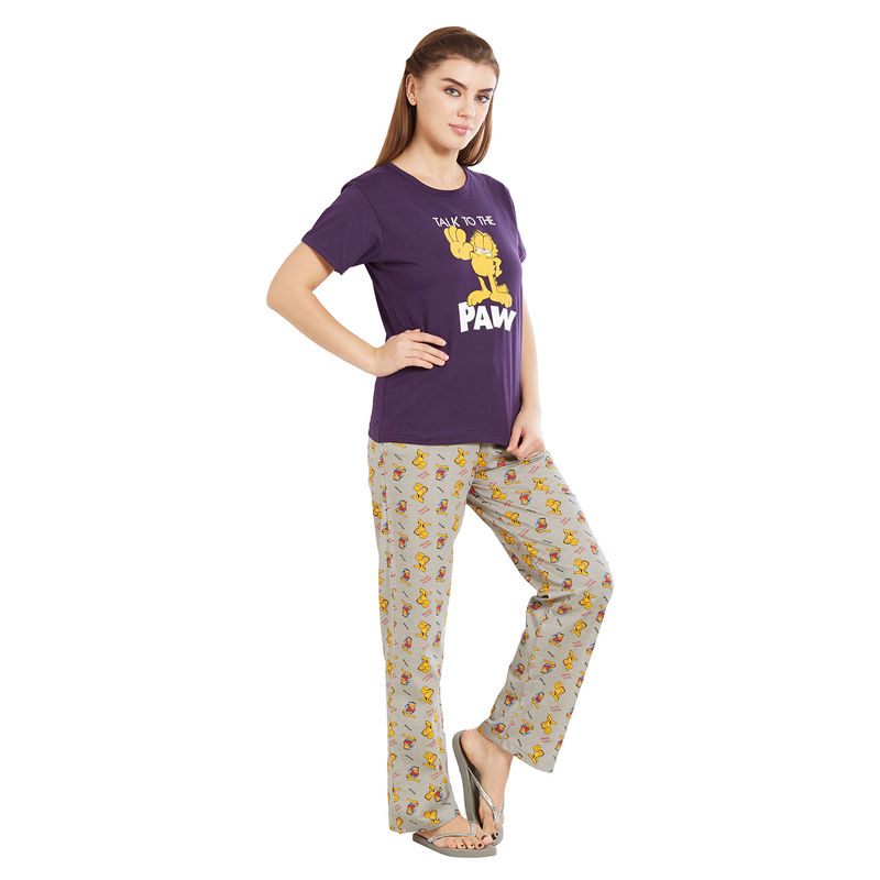 Velure Purple Printed Cotton Sinker Round Neck Top & Pyjama Set For Women (S)
