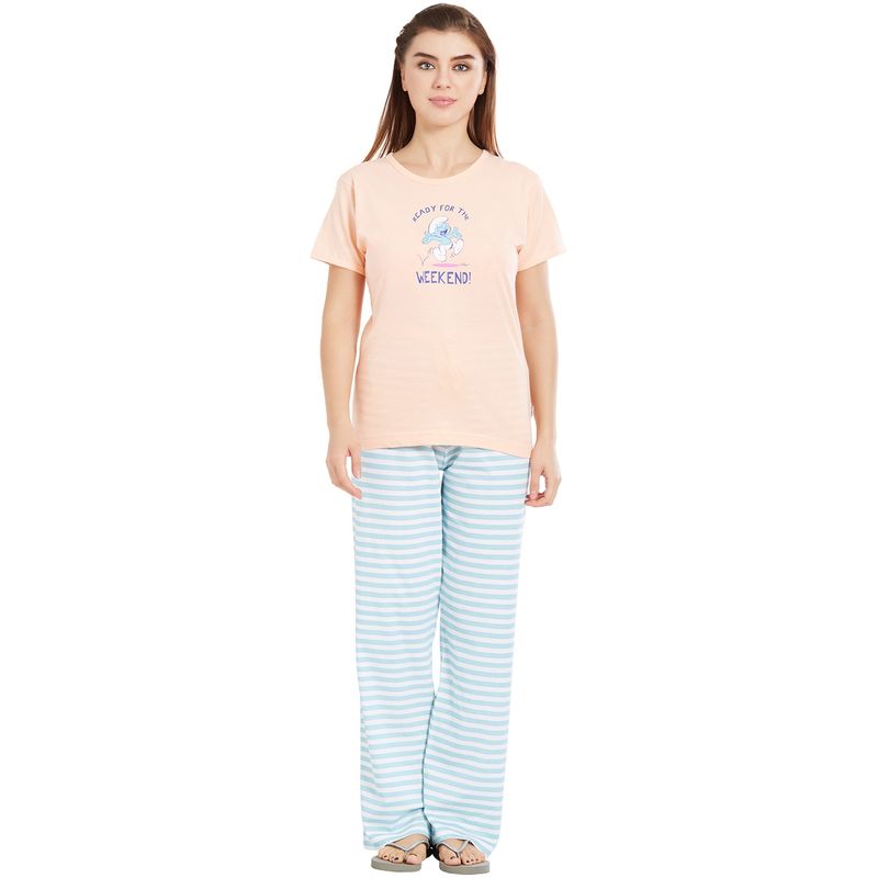 Velure Light Peach Round Neck Top & Pajama Set for Women (L)