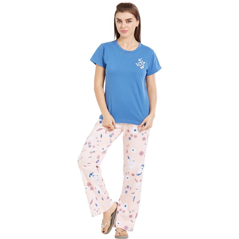 Velure Blue Solid Round Neck Top & Pajama Set for Women (S)