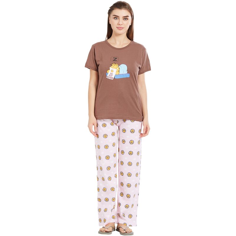 Velure Brown Round Neck Top & Pajama Set for Women (S)