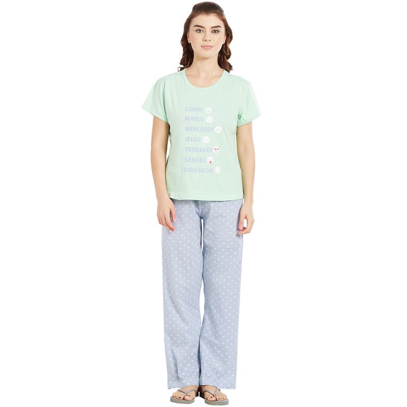 Velure Mint Green Printed Hosiery Round Neck Top & Pajama Set for Women (S)