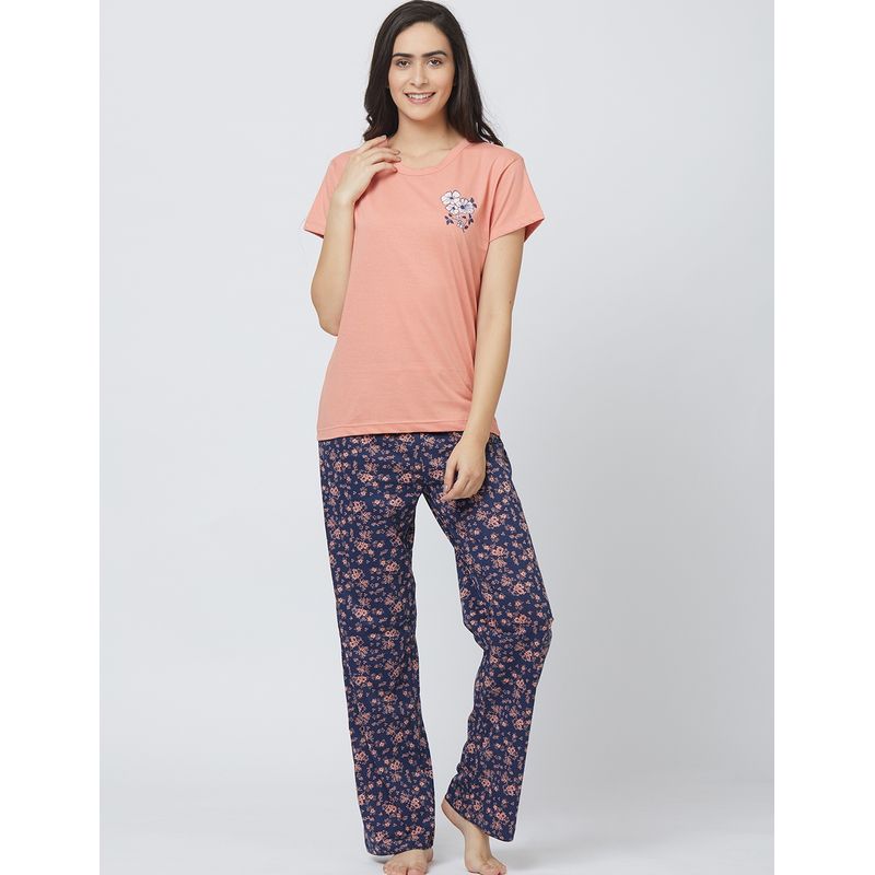 Velure Peach Printed Cotton Sinker Top & Pyjama Set For Women (S)