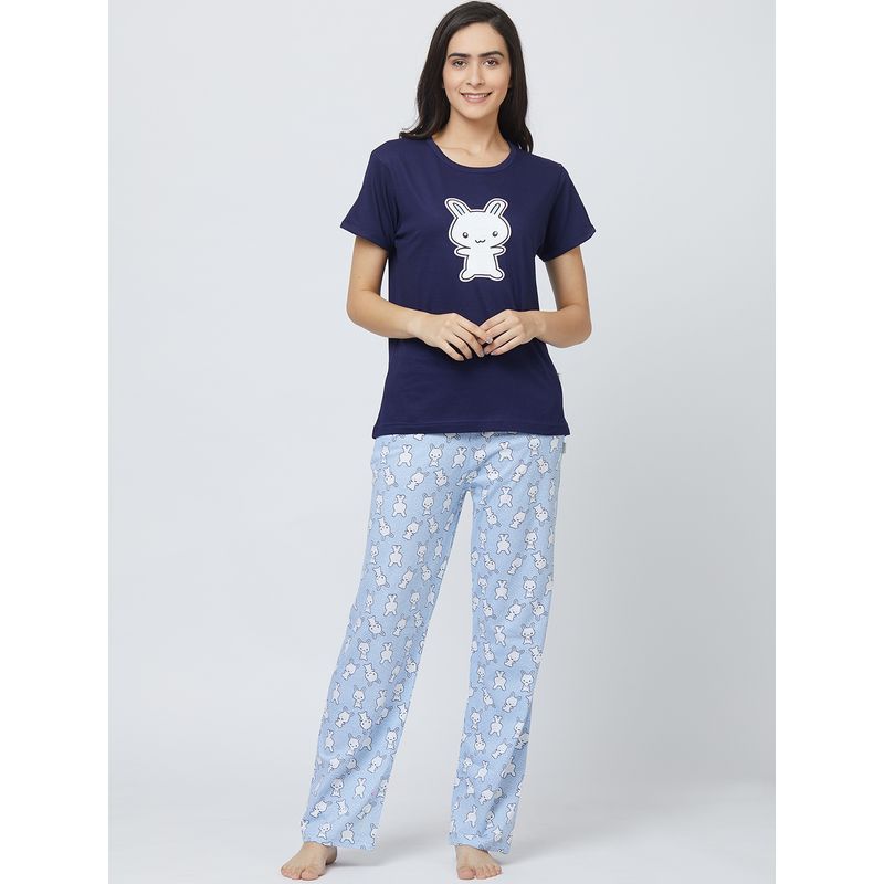 Velure Navy Blue Printed Cotton Sinker Top & Pyjama Set For Women (S)