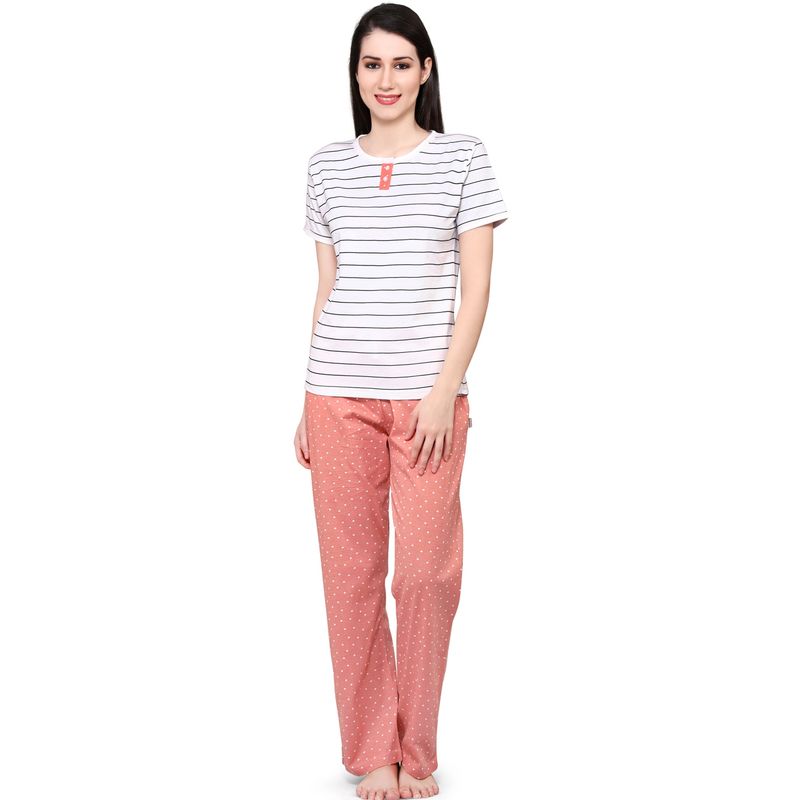 Velure White Striped Hosiery Top & Pajama Set for Women (S)