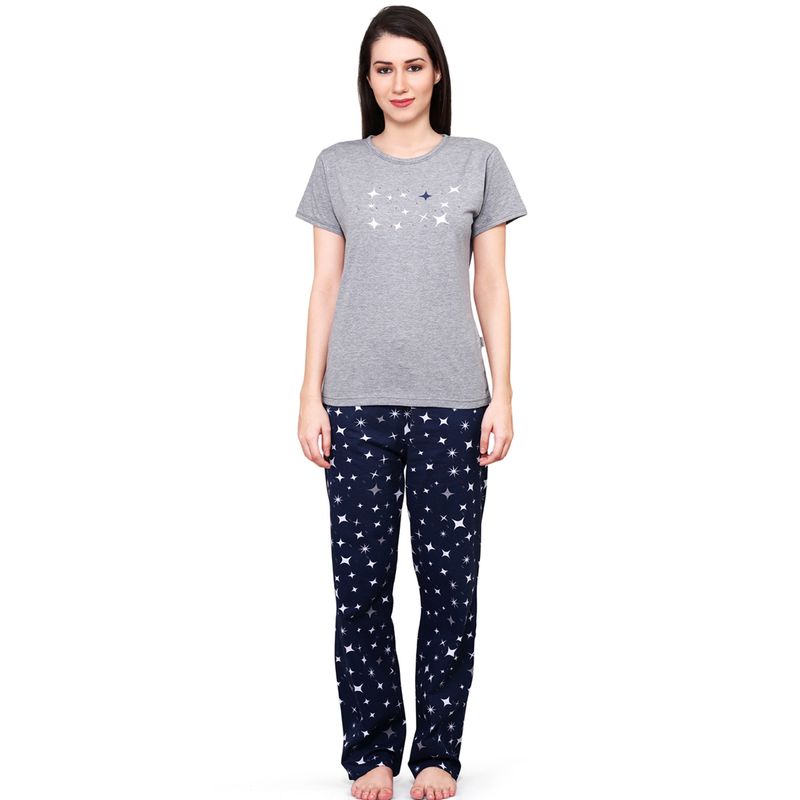Velure Grey Solid Hosiery Top & Pajama Set for Women (S)