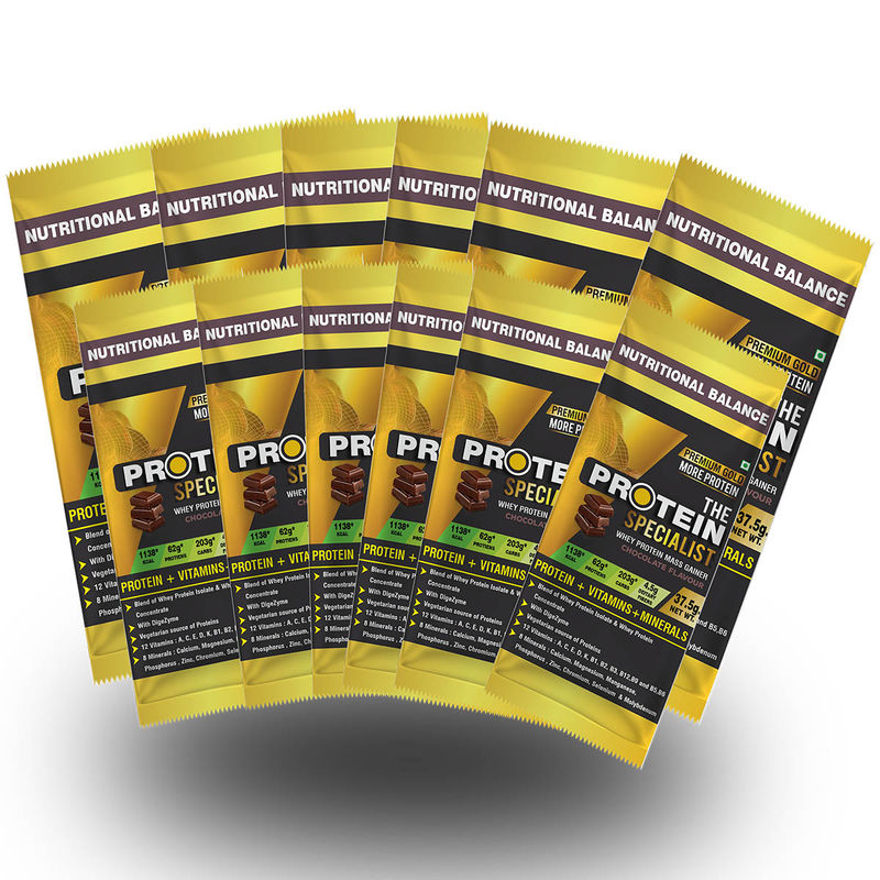 The Protein Specialist Premium Gold Whey Protein Mass Gainer Chocolate Flavour Powder Pack Of 12