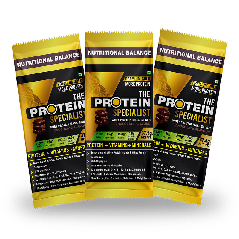 The Protein Specialist Premium Gold Whey Protein Mass Gainer Chocolate Flavour Powder Pack Of 3