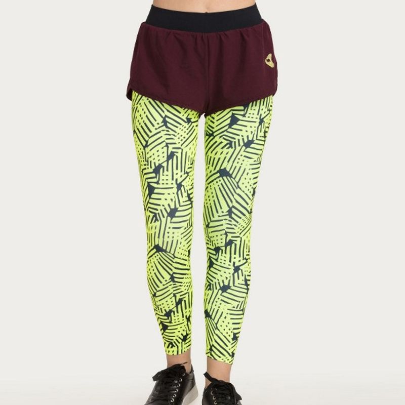 Zivame Zelocity Neo Play Anti-Chafe Legging With Shorts- Neon & Print (M)