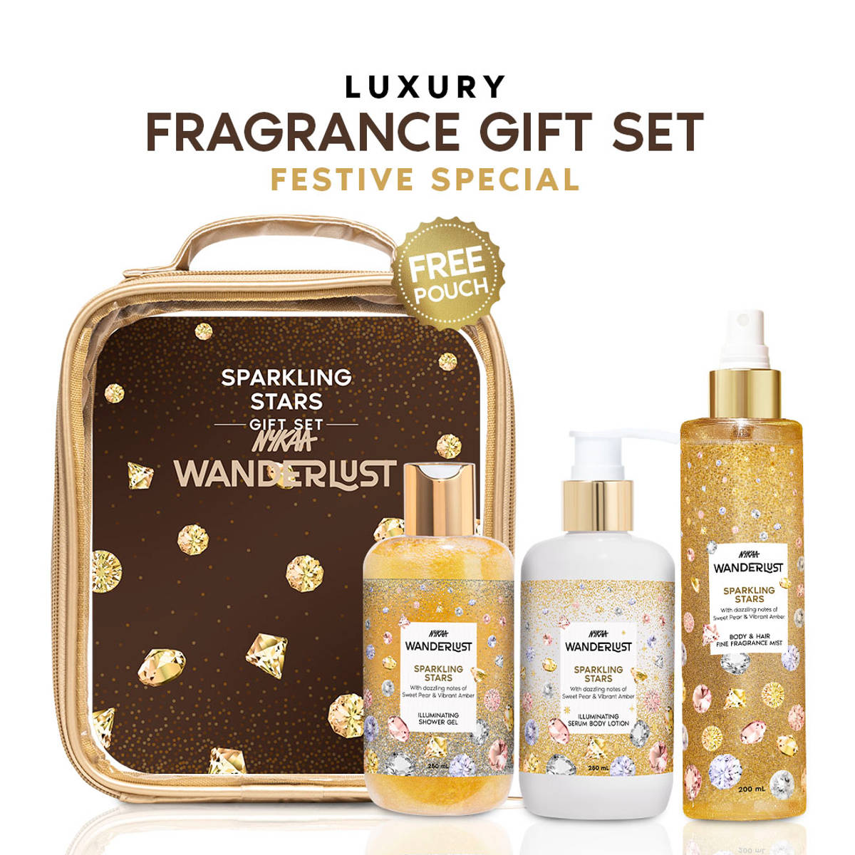 Nykaa Wanderlust Free Gold Pouch Gift Set for Women - Sparkl...
