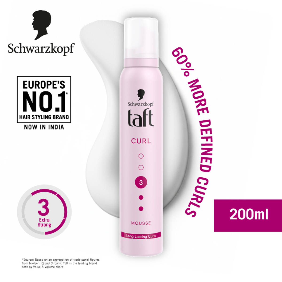 Schwarzkopf TAFT Curl Hold 3 Hair Mousse For Long Lasting Cu...