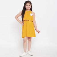 Stylo Bug Girl Flower Printed Round Neck Sleeveless Above Knee Casual Wear Dress Yellow