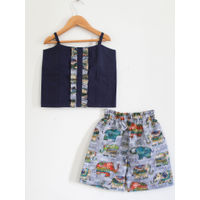 Woonie Strappy Top With Elephant Print Shorts Set For Girls - Blue