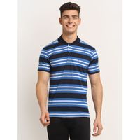 VENITIAN Mens Striped Polo Neck Cotton Blue T-shirt With Pocket