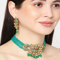 OOMPH Green Meenakari Red Beads & Kundan Ethnic Choker Necklace Set with Matching Earring
