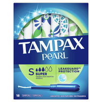 Tampax Pearl Super Plastic Tampons, Unscented, 18 Count
