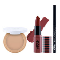 Nykaa Cosmetics All Day Matte Compact- Olive, So Creme Lipstick- Like A Boss & Black Magic Kajal Combo