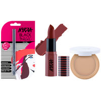 Nykaa Cosmetics All Day Matte Compact-Olive,So Creme Lipstick-Like A Boss & Black Magic Kajal Combo