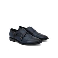 Saint G Navy Blue Leather Double Buckle Monk Brogue Shoes